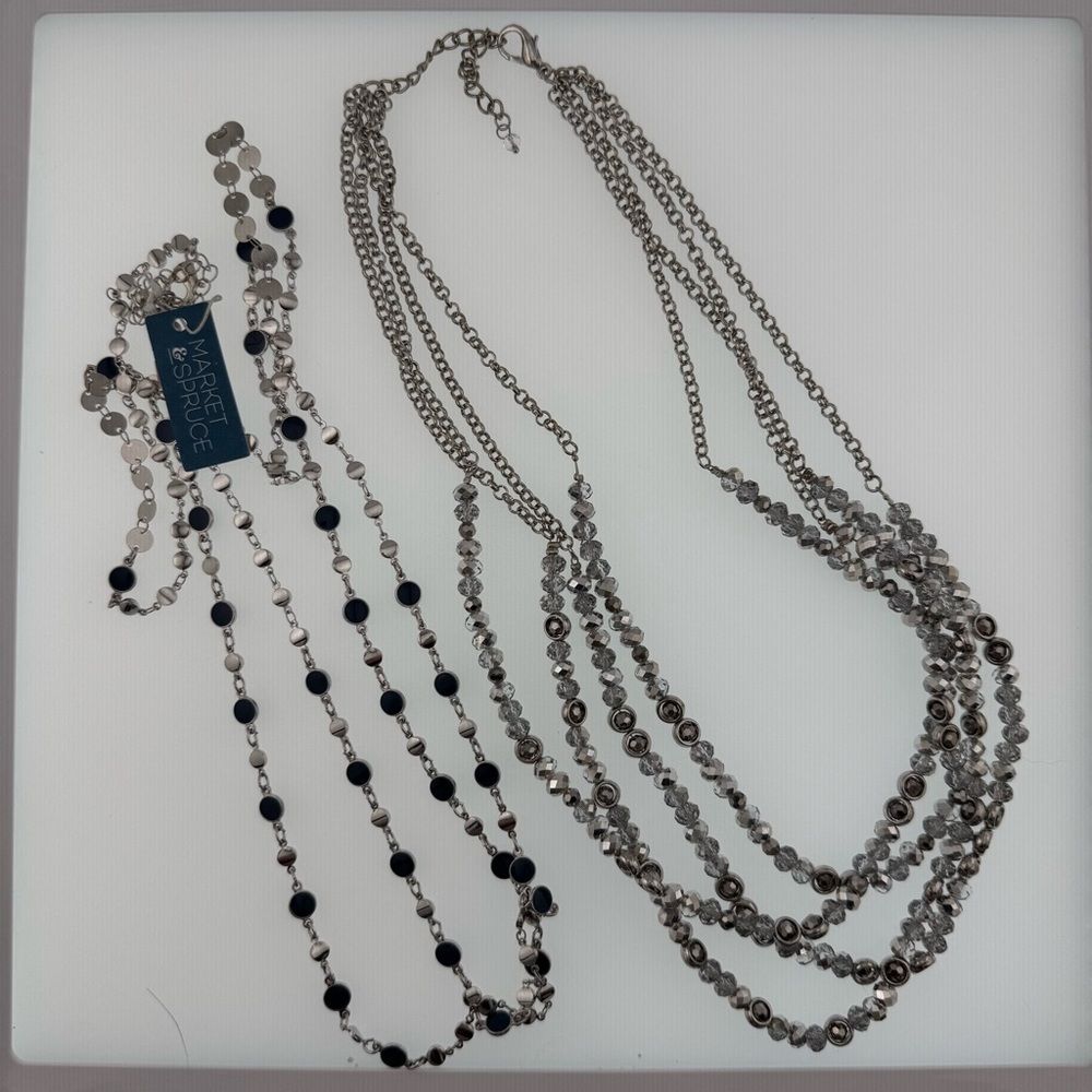 Bundle New Silver Long Necklace lots of Bling,Multi-Strand Blue-Silver & Crystal